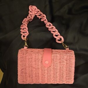Pink Woven Handbag with Chain Strap
